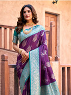 Monjolika Fashion Purple Soft Banarasi Silk Blend Zari Woven Saree With Blouse | Grocsy