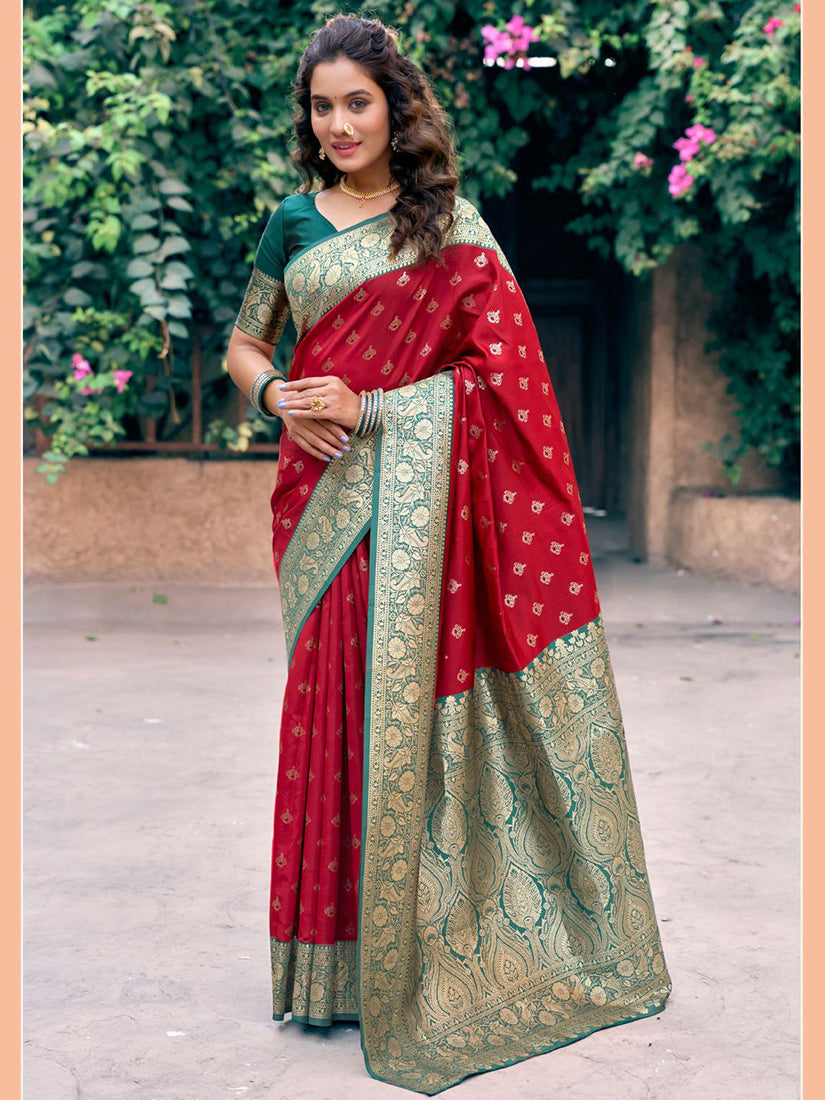 Monjolika Fashion Red Soft Banarasi Silk Blend Zari Woven Saree With Blouse | Grocsy