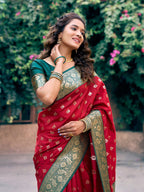 Monjolika Fashion Red Soft Banarasi Silk Blend Zari Woven Saree With Blouse | Grocsy