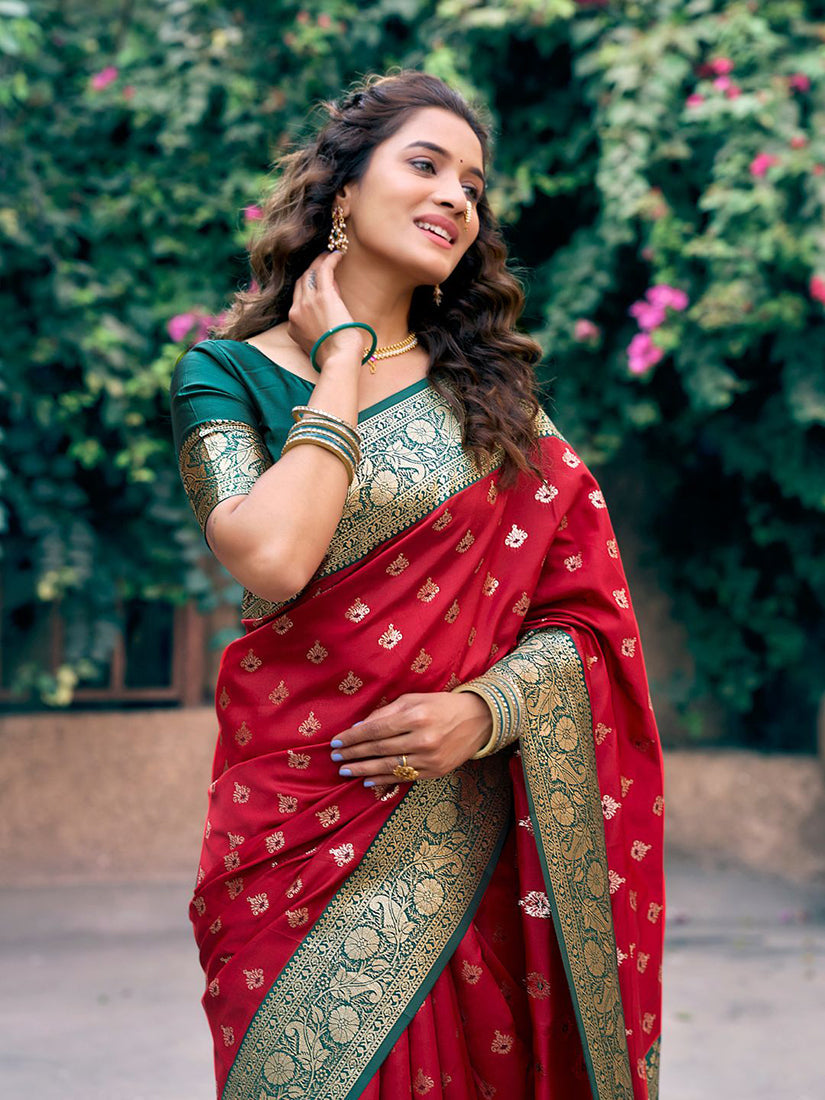 Monjolika Fashion Red Soft Banarasi Silk Blend Zari Woven Saree With Blouse | Grocsy