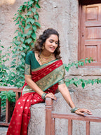 Monjolika Fashion Red Soft Banarasi Silk Blend Zari Woven Saree With Blouse | Grocsy