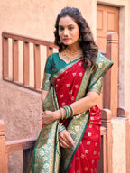 Monjolika Fashion Red Soft Banarasi Silk Blend Zari Woven Saree With Blouse | Grocsy