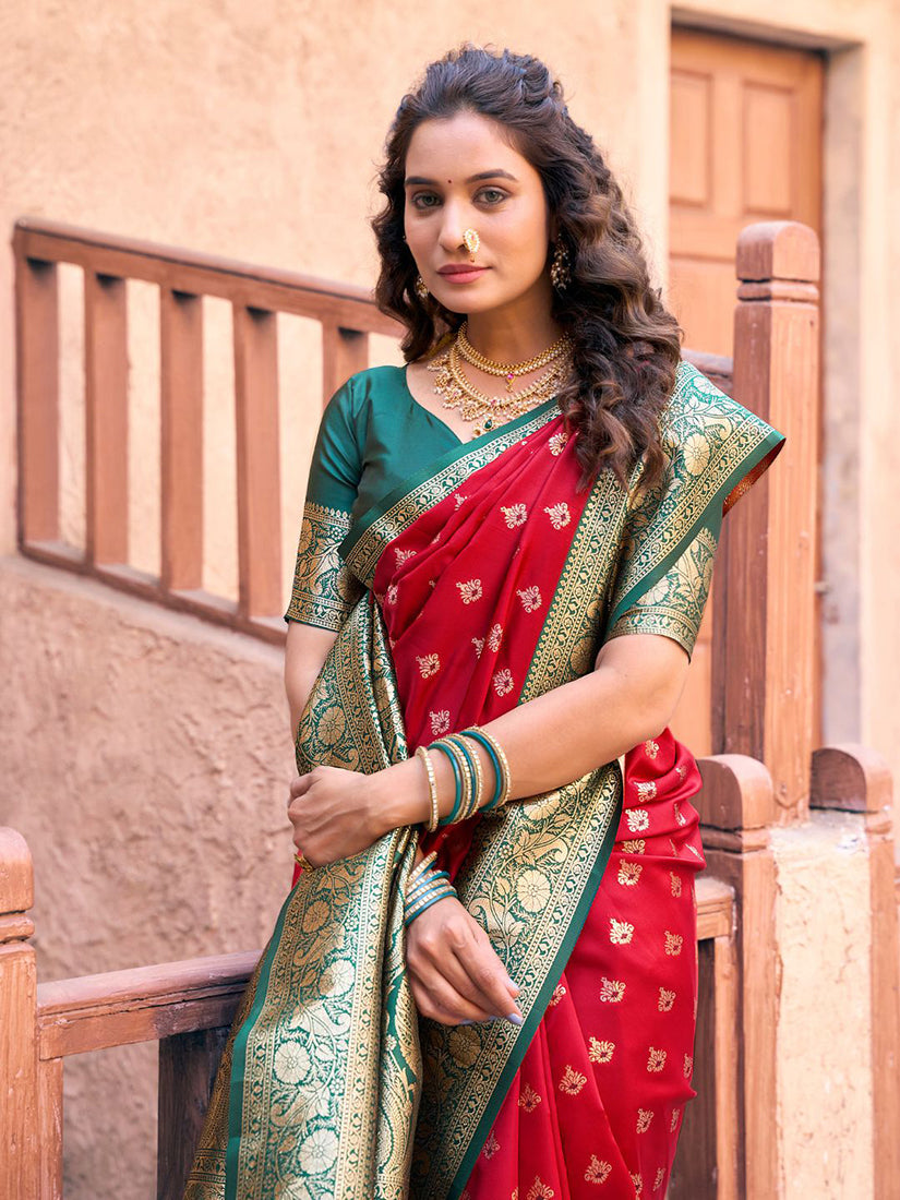 Monjolika Fashion Red Soft Banarasi Silk Blend Zari Woven Saree With Blouse | Grocsy