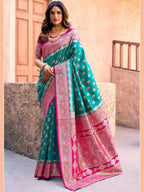 Monjolika Fashion Turquoise Soft Banarasi Silk Blend Zari Woven Saree With Blouse | Grocsy