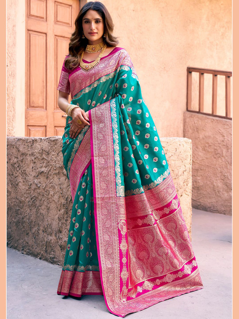 Monjolika Fashion Turquoise Soft Banarasi Silk Blend Zari Woven Saree With Blouse | Grocsy