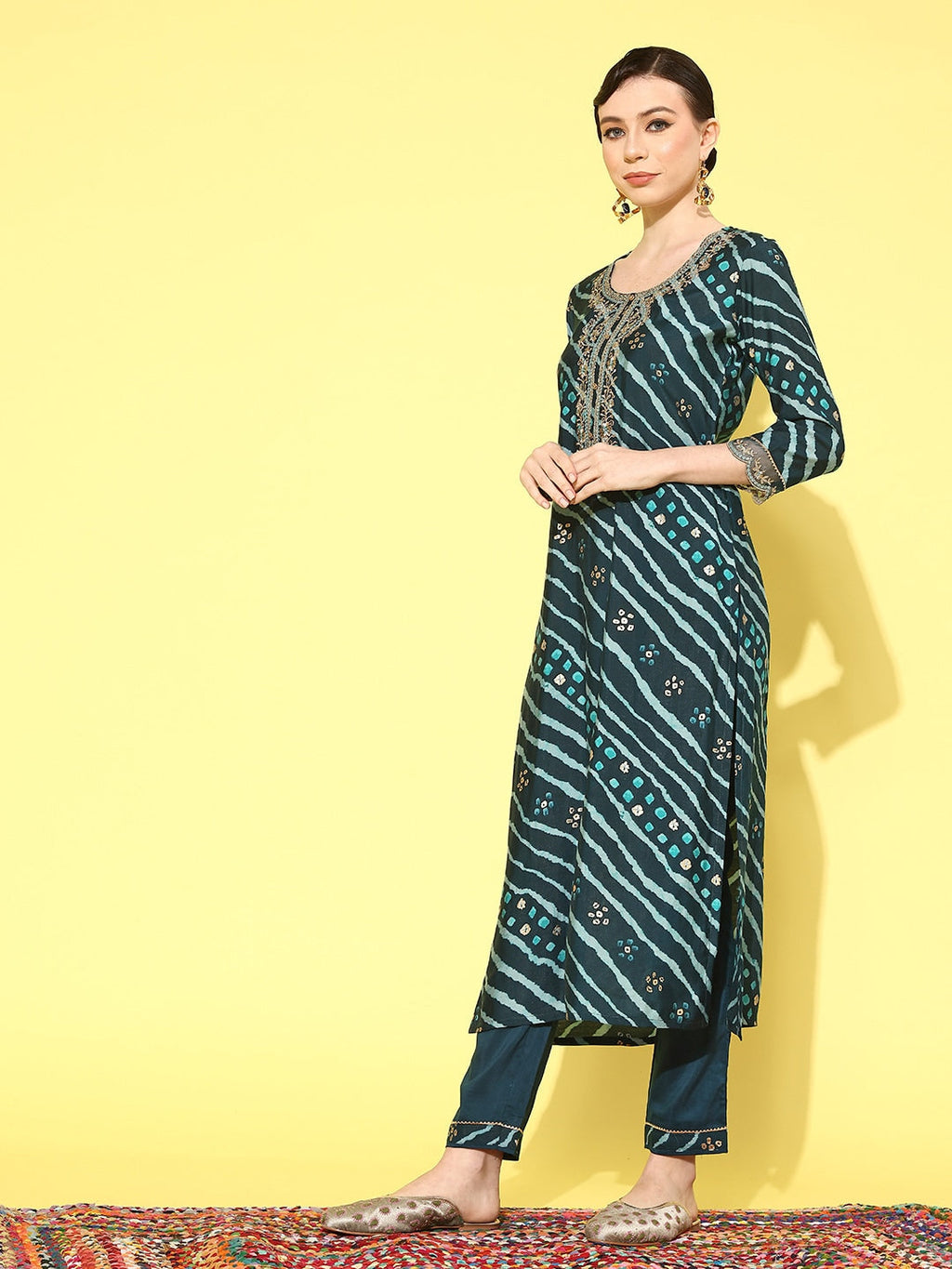 Sangria Women Leheriya Printed Regular Thread Work Kurta with Trousers & With Dupatta | Grocsy