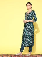Sangria Women Leheriya Printed Regular Thread Work Kurta with Trousers & With Dupatta | Grocsy