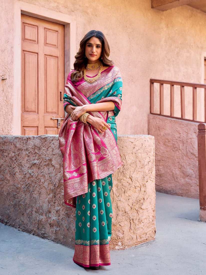 Monjolika Fashion Turquoise Soft Banarasi Silk Blend Zari Woven Saree With Blouse | Grocsy