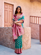Monjolika Fashion Turquoise Soft Banarasi Silk Blend Zari Woven Saree With Blouse | Grocsy