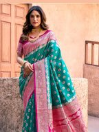 Monjolika Fashion Turquoise Soft Banarasi Silk Blend Zari Woven Saree With Blouse | Grocsy