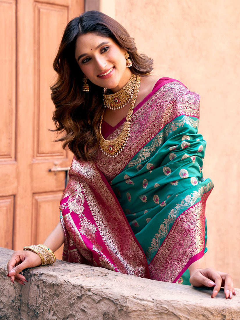 Monjolika Fashion Turquoise Soft Banarasi Silk Blend Zari Woven Saree With Blouse | Grocsy