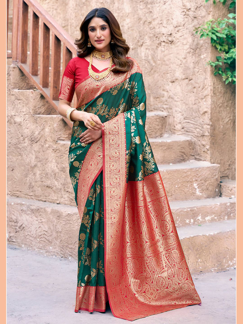Monjolika Fashion Dark Green Soft Banarasi Silk Blend Zari Woven Saree With Blouse | Grocsy