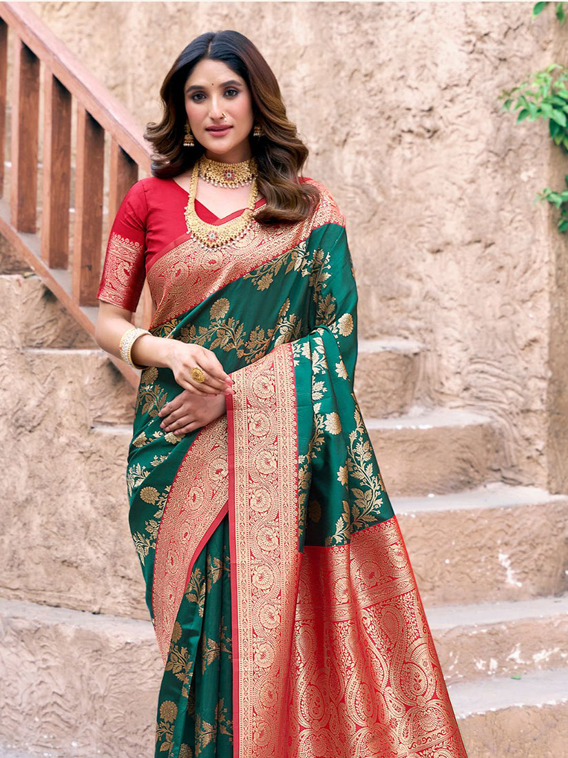 Monjolika Fashion Dark Green Soft Banarasi Silk Blend Zari Woven Saree With Blouse | Grocsy