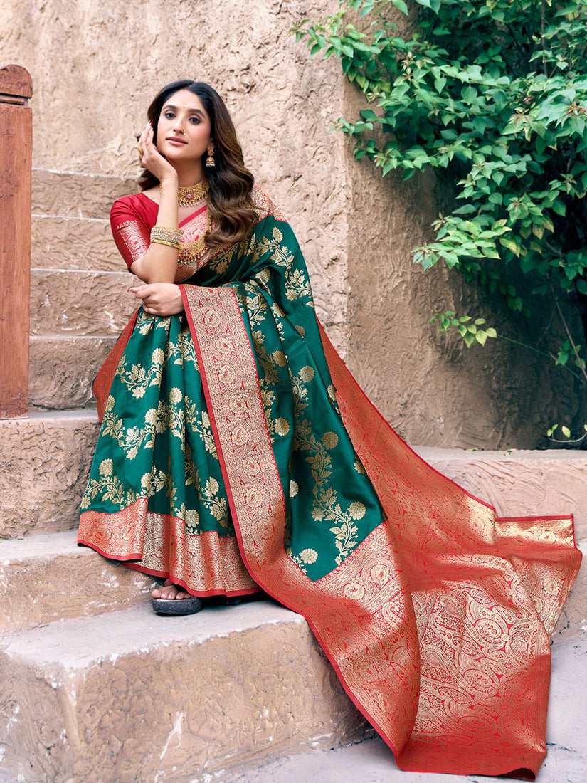 Monjolika Fashion Dark Green Soft Banarasi Silk Blend Zari Woven Saree With Blouse | Grocsy