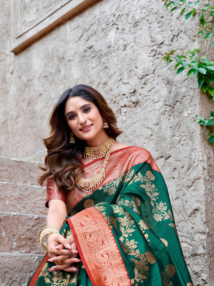 Monjolika Fashion Dark Green Soft Banarasi Silk Blend Zari Woven Saree With Blouse | Grocsy