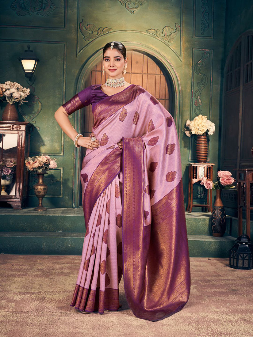 Monjolika Fashion Light Pink Soft Banarasi Silk Blend Saree with Purple Zari Border & Blouse Piece | Grocsy