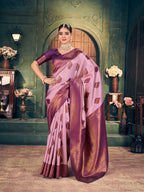 Monjolika Fashion Light Pink Soft Banarasi Silk Blend Saree with Purple Zari Border & Blouse Piece | Grocsy