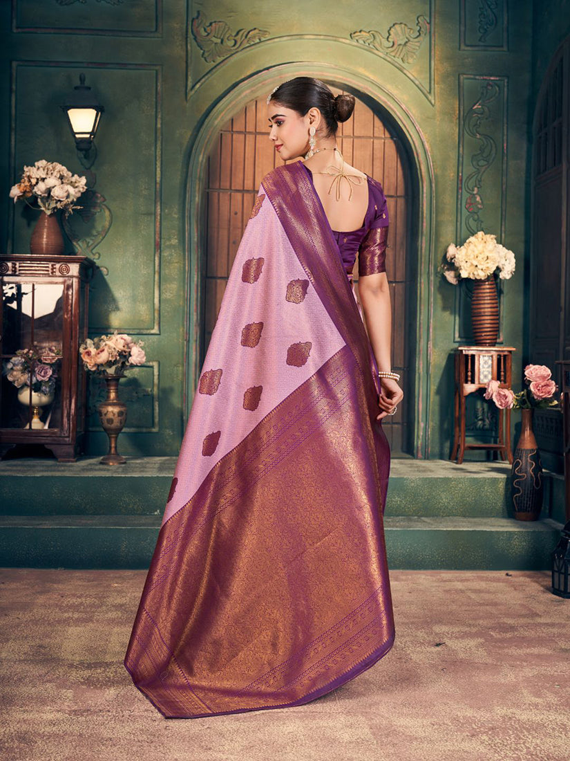 Monjolika Fashion Light Pink Soft Banarasi Silk Blend Saree with Purple Zari Border & Blouse Piece | Grocsy
