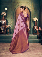Monjolika Fashion Light Pink Soft Banarasi Silk Blend Saree with Purple Zari Border & Blouse Piece | Grocsy