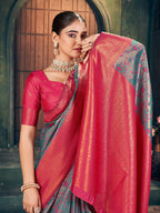 Monjolika Fashion Teal Green and Magenta Pink Soft Banarasi Silk Blend Saree With Blouse Piece | Grocsy