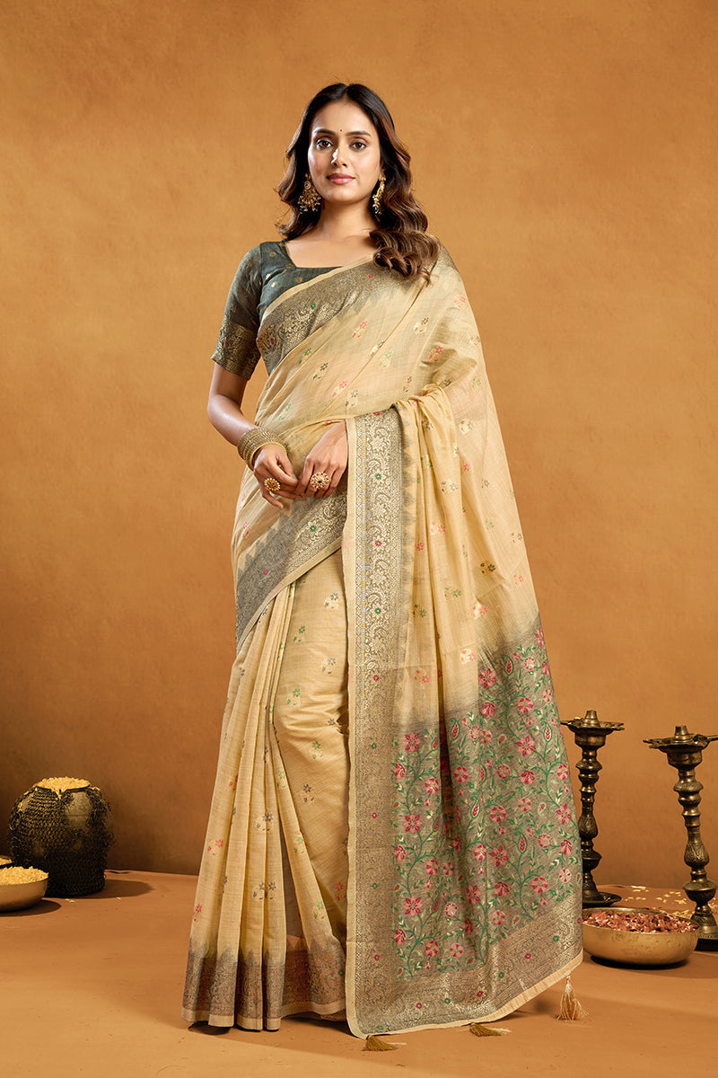 Monjolika Fashion Beige Cotton Blend Zari Woven Work Saree with Blouse Piece | Grocsy