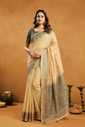 Monjolika Fashion Beige Cotton Blend Zari Woven Work Saree with Blouse Piece | Grocsy