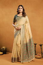 Monjolika Fashion Beige Cotton Blend Zari Woven Work Saree with Blouse Piece | Grocsy