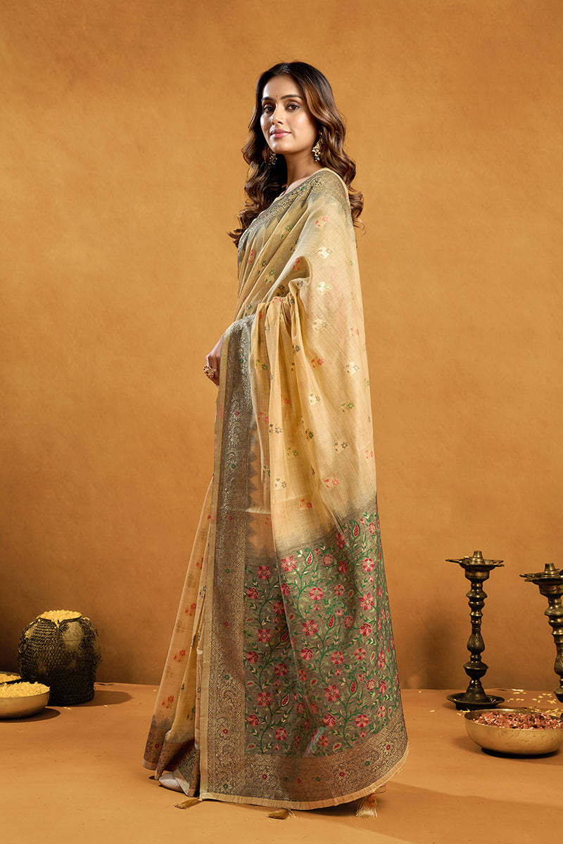 Monjolika Fashion Beige Cotton Blend Zari Woven Work Saree with Blouse Piece | Grocsy