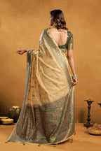 Monjolika Fashion Beige Cotton Blend Zari Woven Work Saree with Blouse Piece | Grocsy