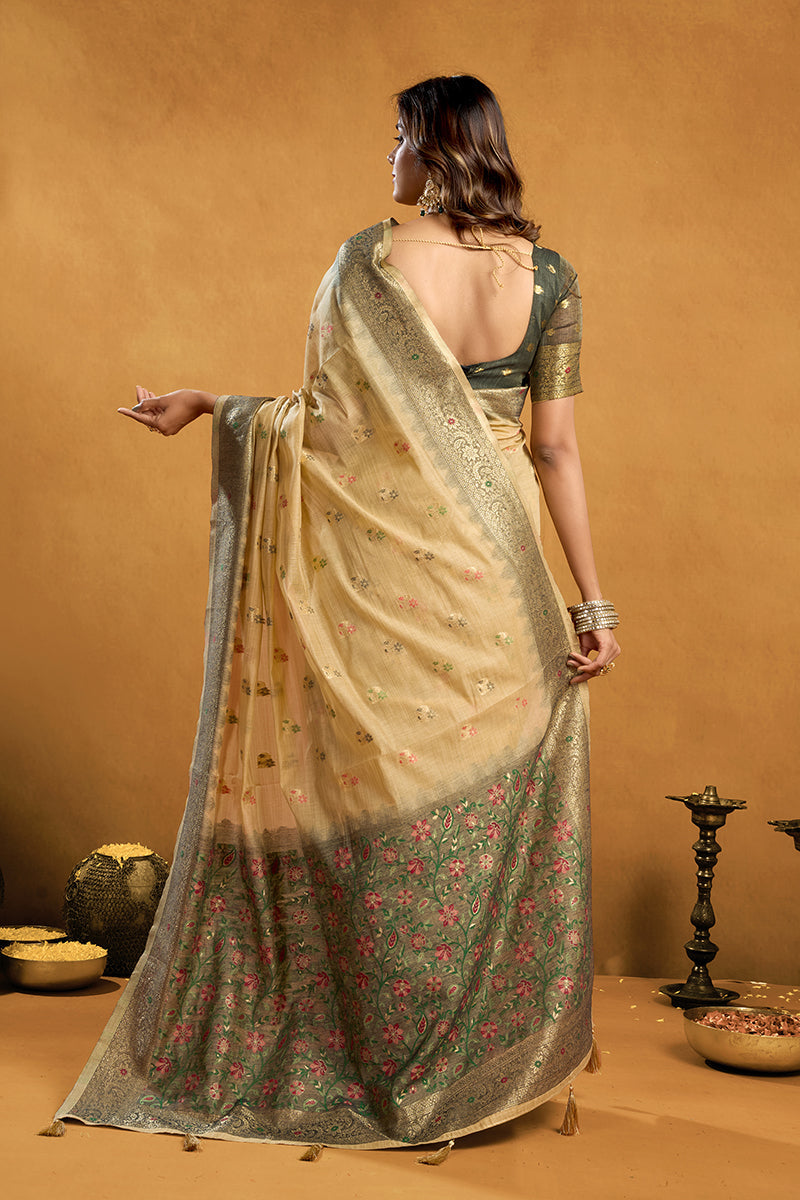 Monjolika Fashion Beige Cotton Blend Zari Woven Work Saree with Blouse Piece | Grocsy