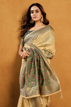 Monjolika Fashion Beige Cotton Blend Zari Woven Work Saree with Blouse Piece | Grocsy
