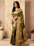 Monjolika Fashion Mehendi Green Banarasi Silk Blend Zari Weaving Saree With Blouse Piece | Grocsy