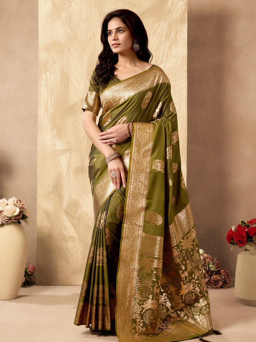 Monjolika Fashion Mehendi Green Banarasi Silk Blend Zari Weaving Saree With Blouse Piece | Grocsy