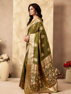Monjolika Fashion Mehendi Green Banarasi Silk Blend Zari Weaving Saree With Blouse Piece | Grocsy