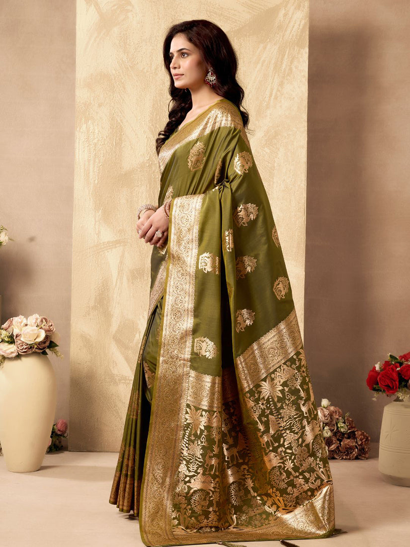 Monjolika Fashion Mehendi Green Banarasi Silk Blend Zari Weaving Saree With Blouse Piece | Grocsy