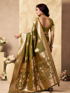 Monjolika Fashion Mehendi Green Banarasi Silk Blend Zari Weaving Saree With Blouse Piece | Grocsy