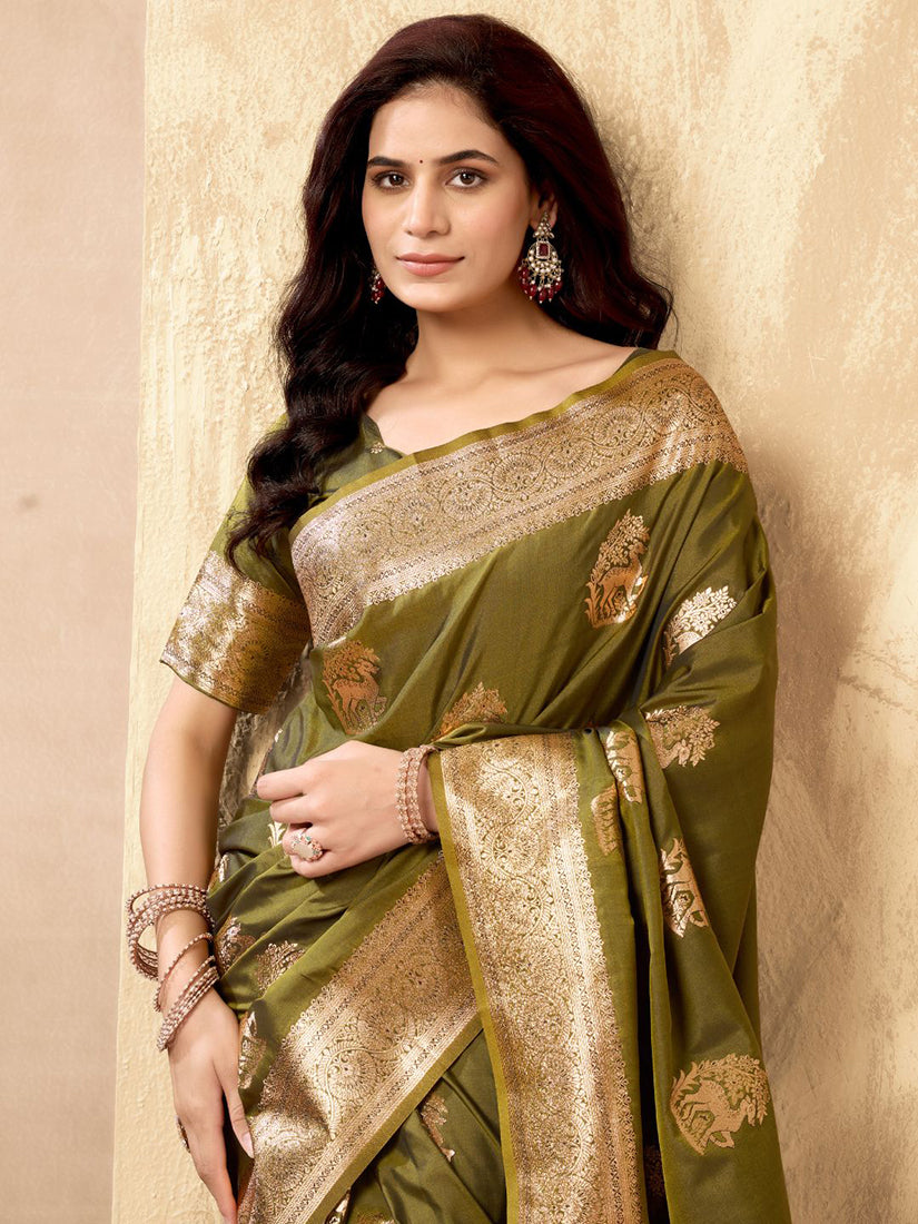 Monjolika Fashion Mehendi Green Banarasi Silk Blend Zari Weaving Saree With Blouse Piece | Grocsy