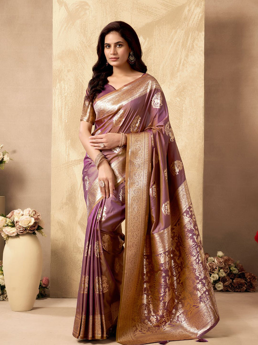 Monjolika Fashion Mauve Banarasi Silk Blend Zari Weaving Saree With Blouse Piece | Grocsy