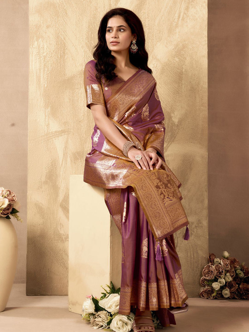 Monjolika Fashion Mauve Banarasi Silk Blend Zari Weaving Saree With Blouse Piece | Grocsy