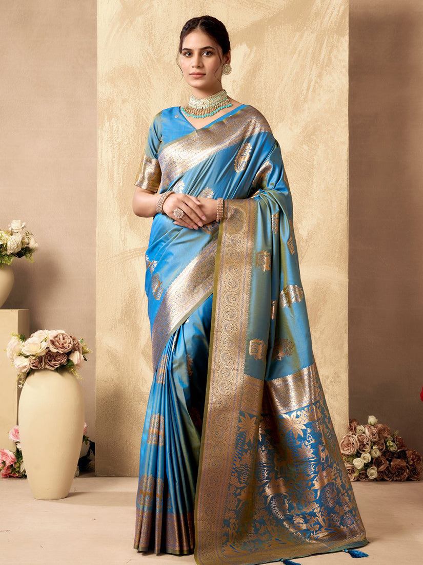 Monjolika Fashion Light Blue Banarasi Silk Blend Zari Weaving Saree With Blouse Piece | Grocsy