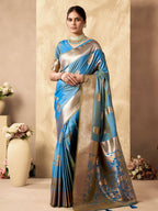 Monjolika Fashion Light Blue Banarasi Silk Blend Zari Weaving Saree With Blouse Piece | Grocsy