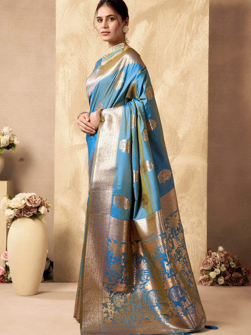 Monjolika Fashion Light Blue Banarasi Silk Blend Zari Weaving Saree With Blouse Piece | Grocsy