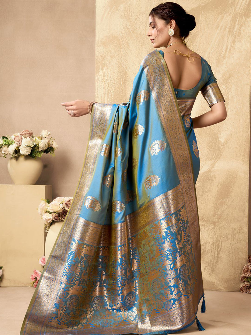 Monjolika Fashion Light Blue Banarasi Silk Blend Zari Weaving Saree With Blouse Piece | Grocsy