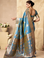Monjolika Fashion Light Blue Banarasi Silk Blend Zari Weaving Saree With Blouse Piece | Grocsy