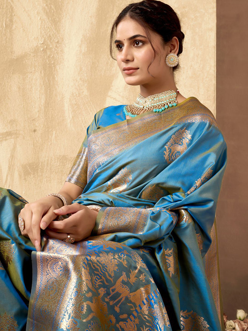 Monjolika Fashion Light Blue Banarasi Silk Blend Zari Weaving Saree With Blouse Piece | Grocsy