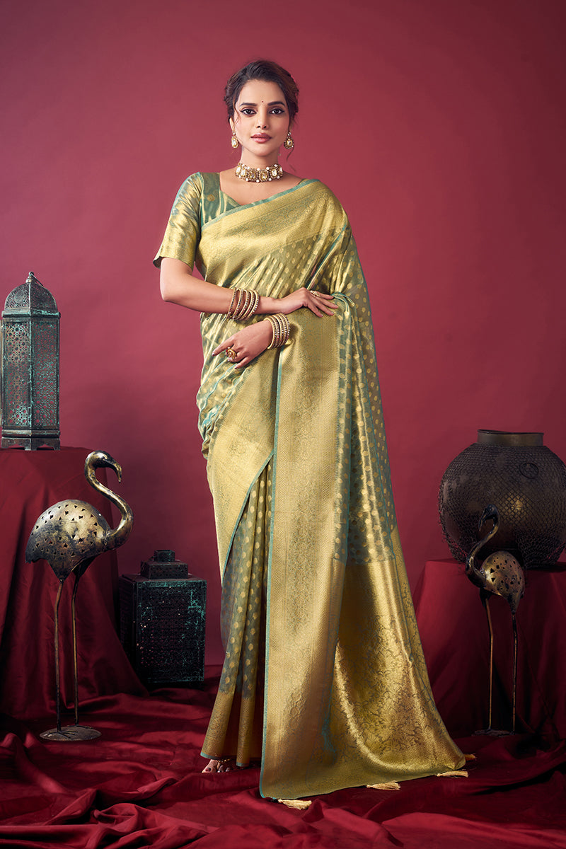 Monjolika Fashion Mint Green Soft Banarasi Tissue Silk Blend Weaving Saree With Blouse Piece | Grocsy