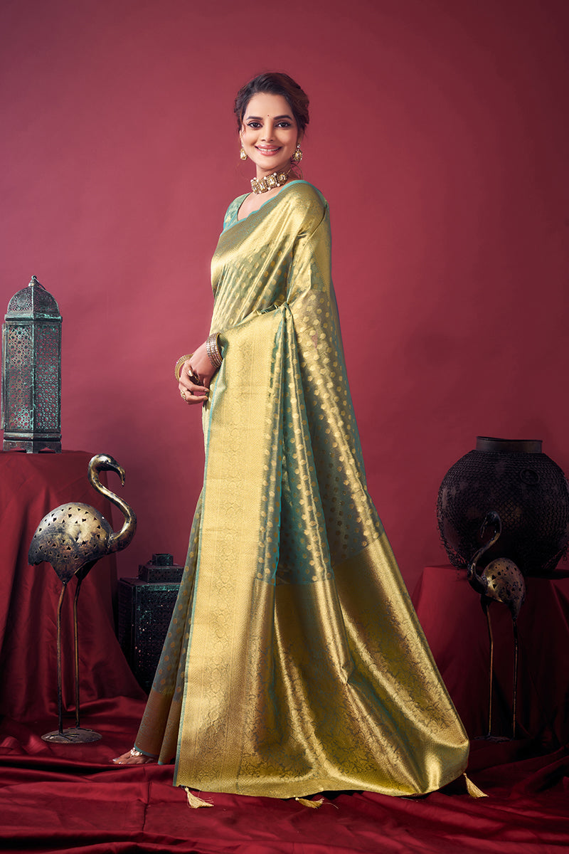 Monjolika Fashion Mint Green Soft Banarasi Tissue Silk Blend Weaving Saree With Blouse Piece | Grocsy