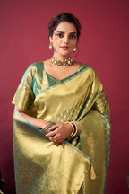 Monjolika Fashion Mint Green Soft Banarasi Tissue Silk Blend Weaving Saree With Blouse Piece | Grocsy