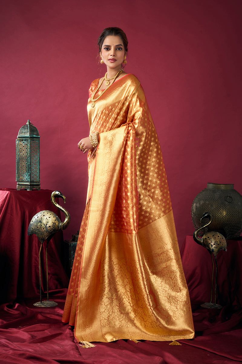 Monjolika Fashion Orange Soft Banarasi Tissue Silk Blend Weaving Saree With Blouse Piece | Grocsy