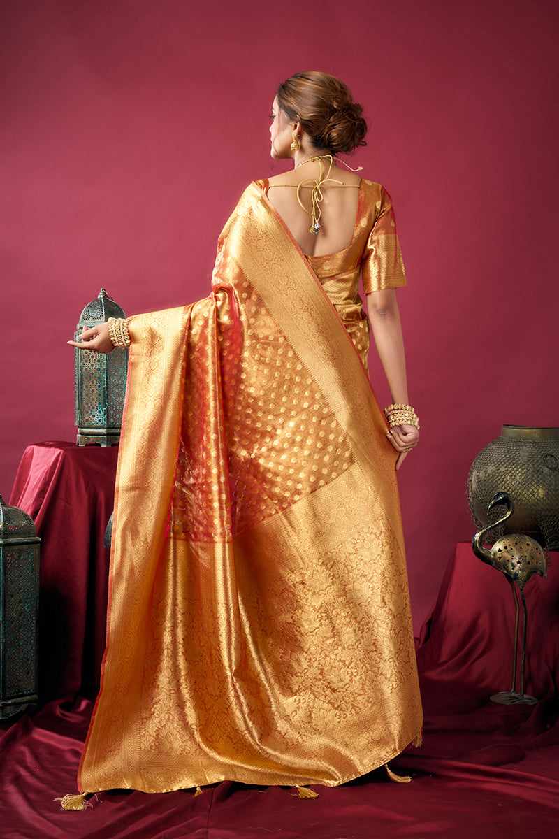 Monjolika Fashion Orange Soft Banarasi Tissue Silk Blend Weaving Saree With Blouse Piece | Grocsy
